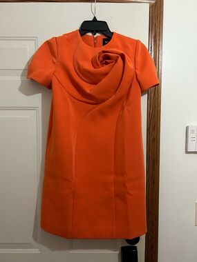 Elegant Orange Rosette Short-Sleeve Mini Dress